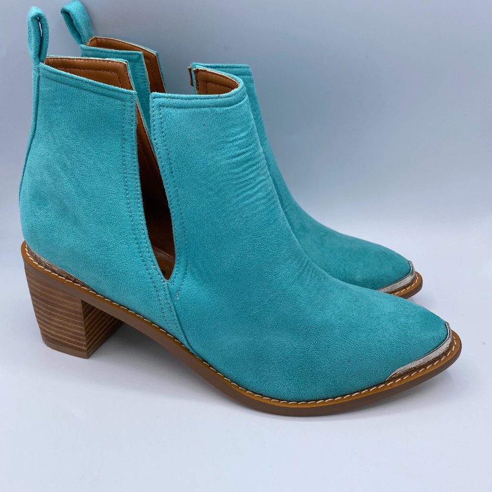 Cyan Suede Studs Chelsea Boots Chunky Heel Ankle